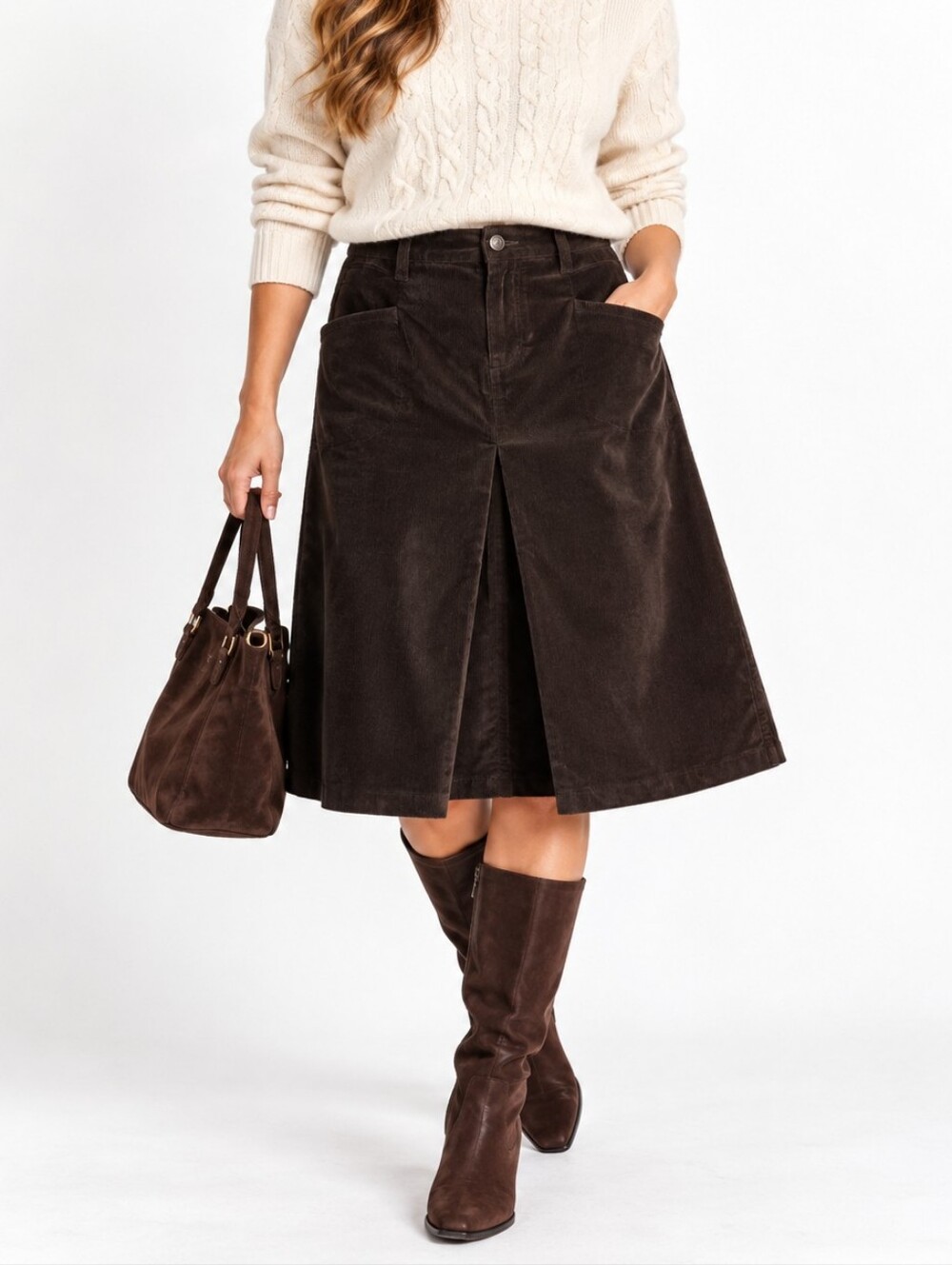 B.C. Best Connections Brown Corduroy A-Line Skirt EU 40 US 8 Pockets